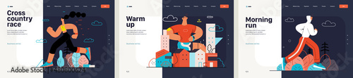 Runners website templates set. Flat vector concept illustrations of athletes running in a park, forest, stadium track or street landscape. Healthy activity and lifestyle. Sprint, jogging, warming up.