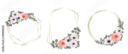 Vector set of floral frames. White anemones, pink roses, eucalyptus, golden frames. Elements for design on a white background.
