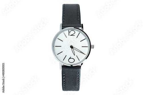 wrist watch with round dial in silver and minimalist design with leather strap unisex accessory, object isolated on white background, nobody.