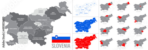 Detailed vector map of regions of Slovenia with flag