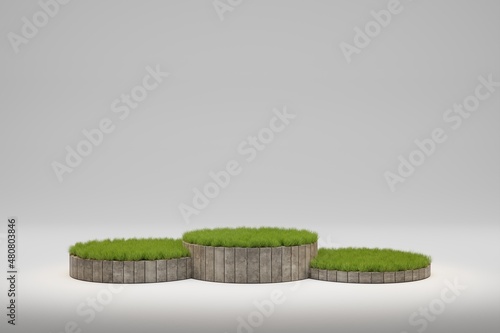 Wooden circle cylinder shape plank podium on light grey background with grass on top of it for nature or garden or recycle themed products