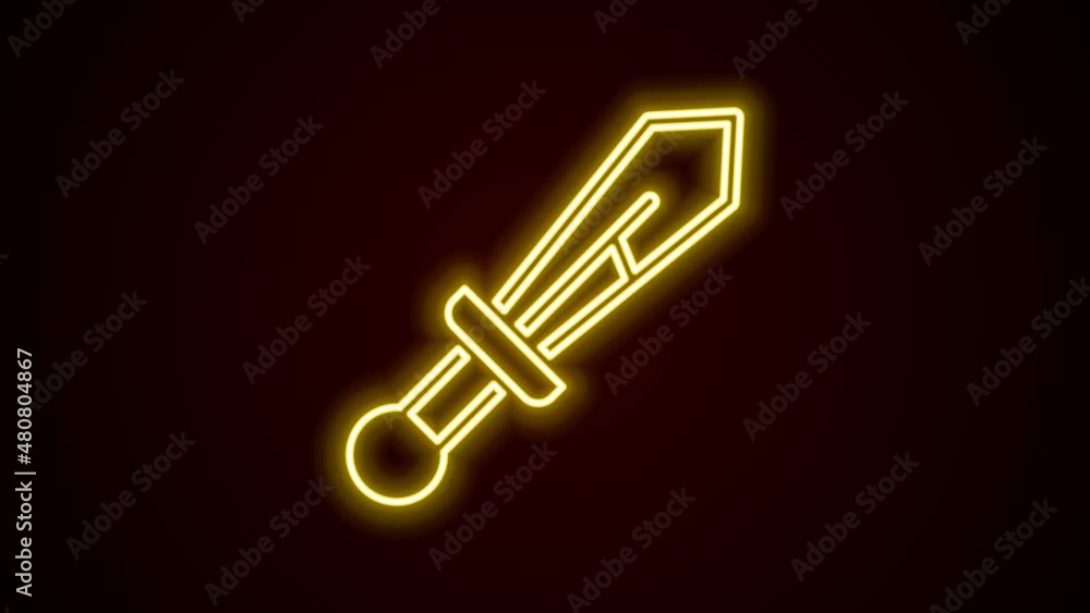 Glowing neon line Medieval sword icon isolated on black background. Medieval weapon. 4K Video motion graphic animation Glowing neon line Medieval sword icon isolated on black background. Medieval weapon. 4K Video motion graphic animation