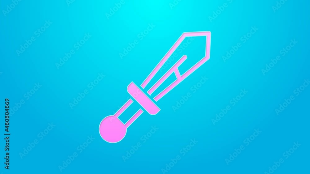 Pink line Medieval sword icon isolated on blue background. Medieval weapon. 4K Video motion graphic animation Pink line Medieval sword icon isolated on blue background. Medieval weapon. 4K Video motion graphic animation