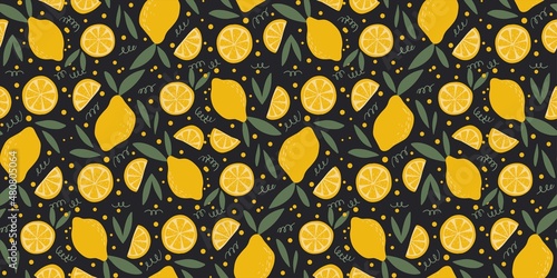 Vector seamless pattern with lemon slices and green leaves on blackbackground. Fruity background for wrapping paper, fabric, textile, packaging.