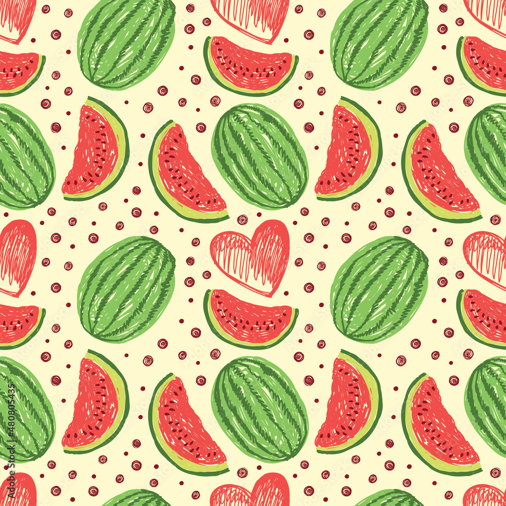 Seamless pattern with watermelons and hearts. Seamless pattern with watermelons and hearts.