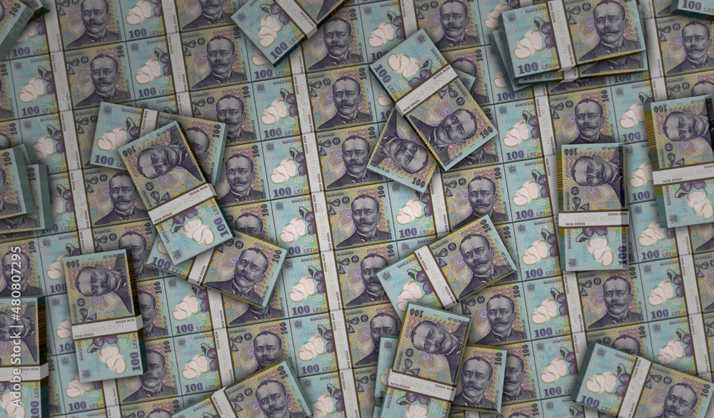 Romanian Lei money banknotes pack 3d illustration