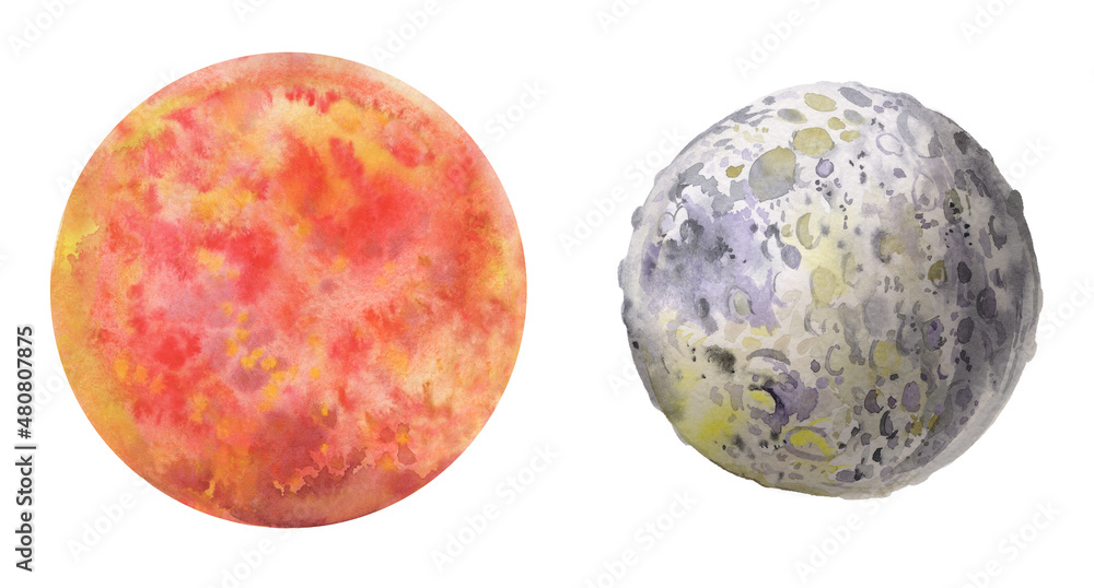 Realistic watercolor drawing of sun and moon isolated on white background for illustration and design
