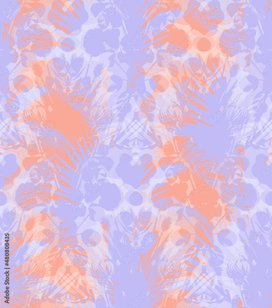 A mix of tropical silhouettes of palm leaves and flowers in pastel purple and orange hues for modern summer textile and surface designs.