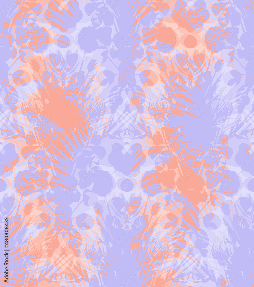 A mix of tropical silhouettes of palm leaves and flowers in pastel purple and orange hues for modern summer textile and surface designs. A mix of tropical silhouettes of palm leaves and flowers in pastel purple and orange hues for modern summer textile and surface designs.