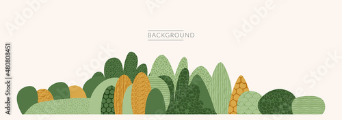 Forest green tree plant banner background in scandinavian style. Abstract organic nature, fresh leaves in park vector illustration. Eco garden silhouette with texture. Colorful woodland landscape