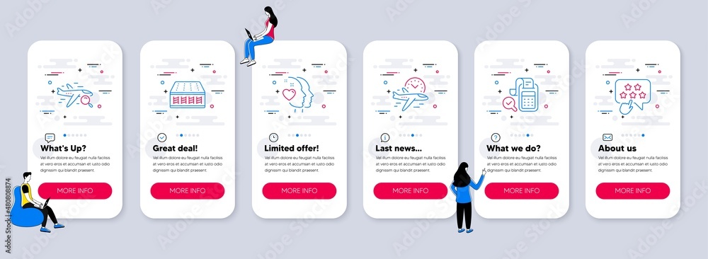Set of Business icons, such as Flight time, Mattress, Heart icons. UI phone app screens with teamwork. Search flight, Bill accounting, Ranking star line symbols. Vector