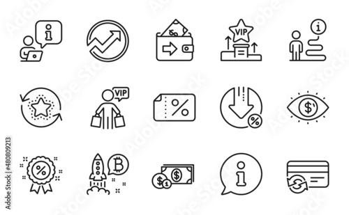 Finance icons set. Included icon as Bitcoin project, Wallet, Dollar money signs. Audit, Discount, Change card symbols. Discount banner, Vip podium, Vip shopping. Business vision. Vector