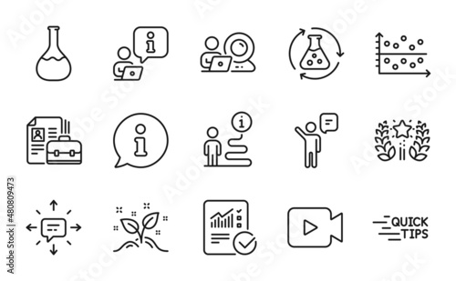 Education icons set. Included icon as Video camera, Agent, Chemistry experiment signs. Vacancy, Chemistry lab, Sms symbols. Education, Dot plot, Startup concept. Checked calculation. Vector