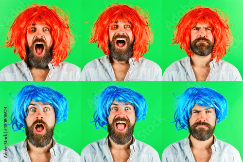 Emotion set of bearded man in color wig. Different emotions Collage. Face expression.