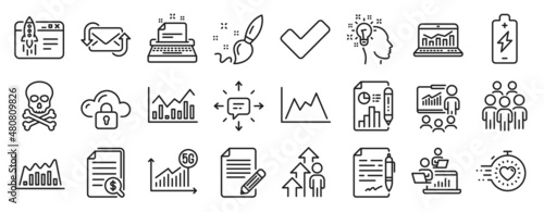 Set of Education icons, such as Report document, Teamwork, Infographic graph icons. Timer, Idea, Presentation signs. 5g statistics, Employee result, Paint brush. Infochart, Group people. Vector