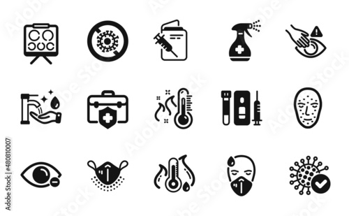 Vector set of Dont touch, Medical cleaning and Medical mask icons simple set. Blood and saliva test, Myopia and High thermometer icons. Dont touch simple web symbol. Vector