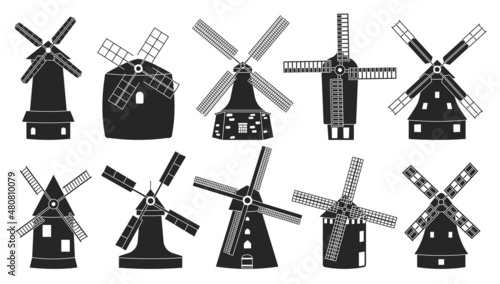 Windmill isolated black set icon. Vector illustration vintage mill on white background. Vector black set icon windmill .