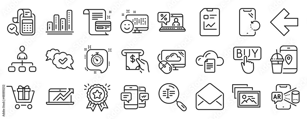Set of Technology icons, such as Atm service, Timer, Mail icons. Augmented reality, Report document, Management signs. Sales diagram, Smartphone recovery, Approved. Search text, Smile. Vector