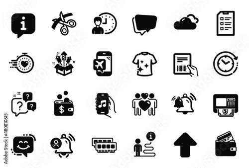 Vector Set of Business icons related to Time change, Cloudy weather and Ram icons. Atm, Clean t-shirt and Checklist signs. User notification, Scissors and Upload. Parcel invoice, Timer. Vector
