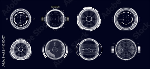 Hi-tech Sniper scope aiming system. Military technology optical aim with target and various indicators HUD. Futuristic sniper scope, collimator, sci-fi crosshair, HUD aim. Vector GUI cross hairs set