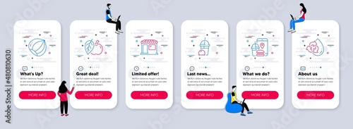 Vector Set of Food and drink icons related to Food app, Market and Ice cream milkshake icons. UI phone app screens with teamwork. Apple, Hazelnut and Recycle water line symbols. Vector