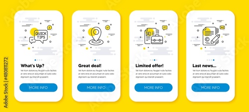 Vector set of Location, Vacancy and Quick tips line icons set. UI phone app screens with line icons. Copywriting icon. Map pointer, Hiring job, Helpful tricks. Ð¡opyright signature. Vector