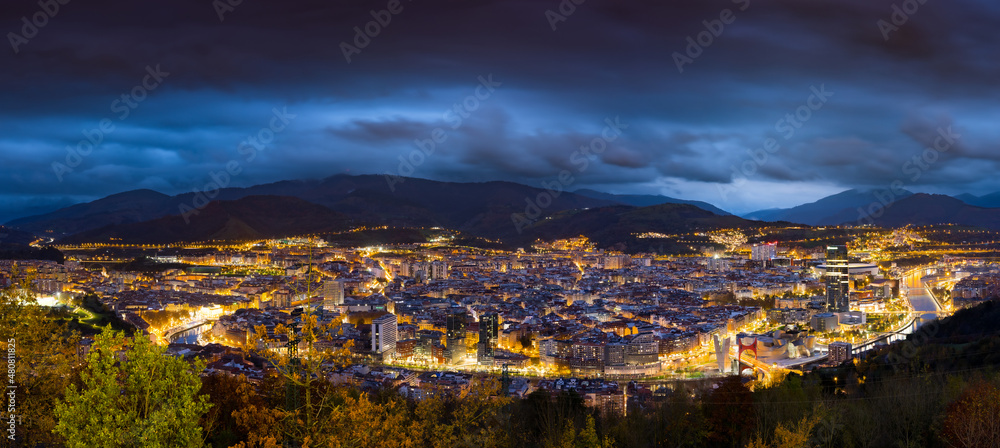 Stunning evening aerial view of Bilbao from Artxanda hill, Basque country, Spain.