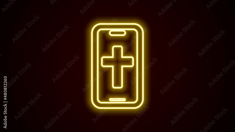 Glowing neon line Christian cross on mobile phone icon isolated on black background. Church cross. 4K Video motion graphic animation Glowing neon line Christian cross on mobile phone icon isolated on black background. Church cross. 4K Video motion graphic animation