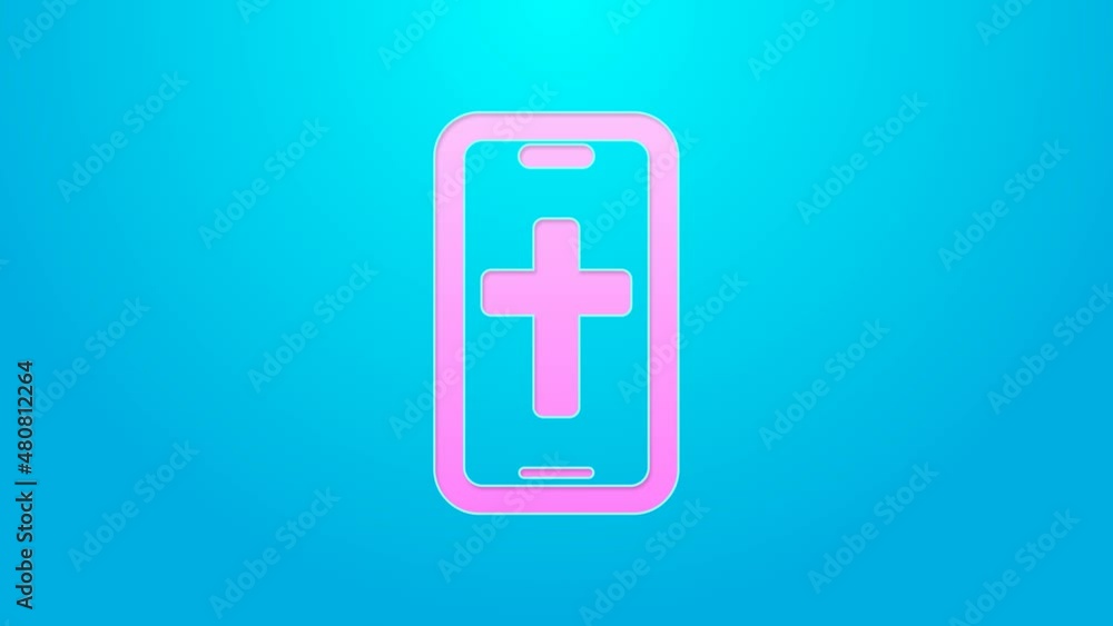 Pink line Christian cross on mobile phone icon isolated on blue background. Church cross. 4K Video motion graphic animation Pink line Christian cross on mobile phone icon isolated on blue background. Church cross. 4K Video motion graphic animation