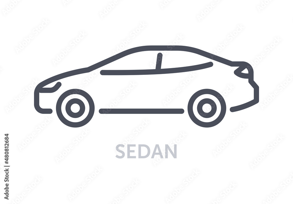 Vehicles types concept. Minimalistic sedan icon. Beautiful car for getting around city. Stylish transport. Design element for posters. Cartoon flat vector illustration isolated on white background