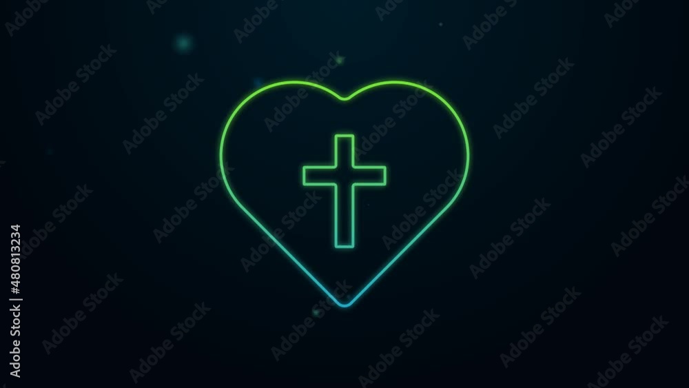 Glowing neon line Christian cross in heart icon isolated on black background. Happy Easter. 4K Video motion graphic animation Glowing neon line Christian cross in heart icon isolated on black background. Happy Easter. 4K Video motion graphic animation