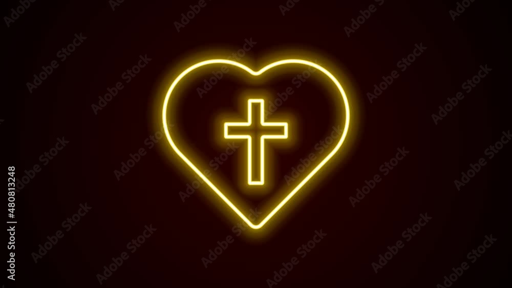 Glowing neon line Christian cross in heart icon isolated on black background. Happy Easter. 4K Video motion graphic animation Glowing neon line Christian cross in heart icon isolated on black background. Happy Easter. 4K Video motion graphic animation