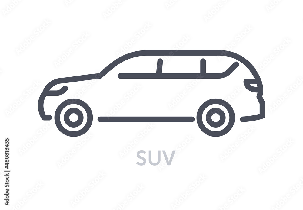 Vehicles types concept. Minimalistic icon with SUV. Large roomy car for whole family. Convenient automobile for driving around city. Cartoon flat vector illustration isolated on white background