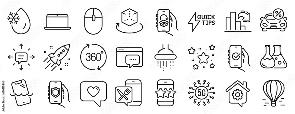Set of Technology icons, such as Seo message, Sms, Car leasing icons. Approved app, Security app, Laptop signs. Quickstart guide, Shower, Star. Love message, Decreasing graph, Air balloon. Vector