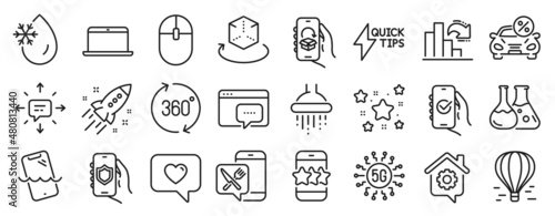 Set of Technology icons  such as Seo message  Sms  Car leasing icons. Approved app  Security app  Laptop signs. Quickstart guide  Shower  Star. Love message  Decreasing graph  Air balloon. Vector