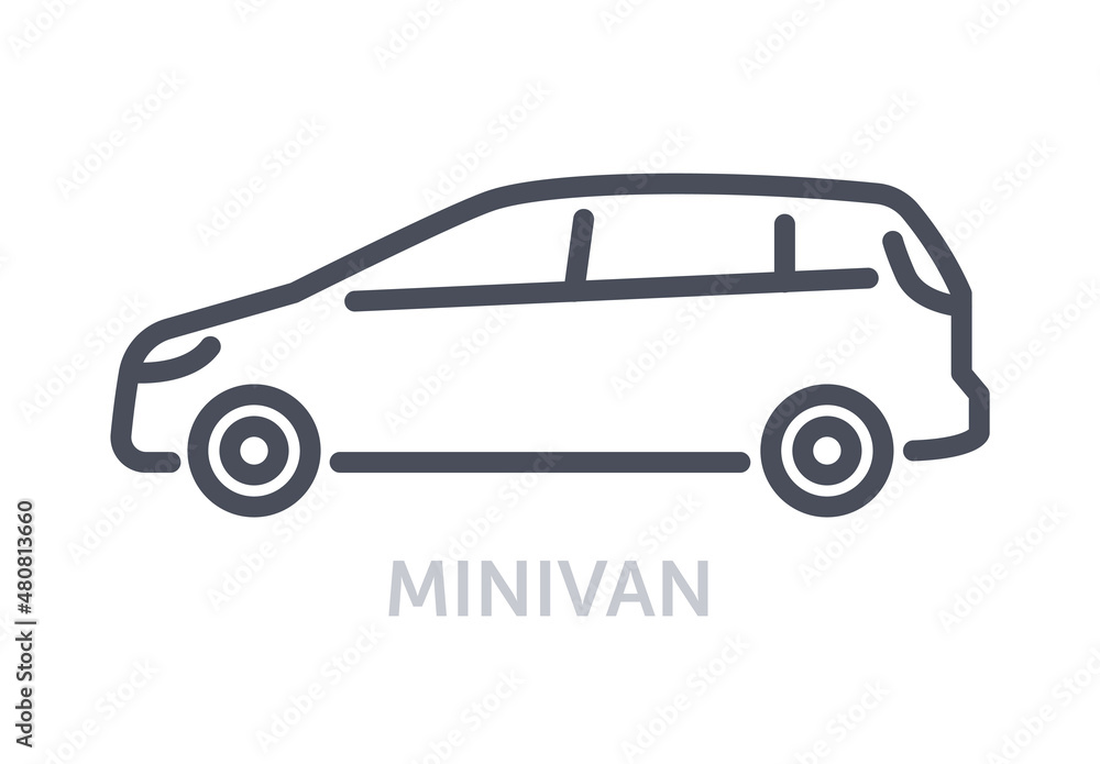 Vehicles types concept. Minimalistic icon with minivan. Car for traveling with family. Convenient automobile for driving around city. Cartoon flat vector illustration isolated on white background