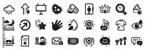 Set of Business icons, such as Winner ribbon, Elevator, Clean t-shirt icons. Customer satisfaction, Energy growing, Secure mail signs. Eye drops, Chemistry lab, Night mattress. Gpu, Hand. Vector