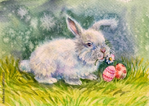 Watercolor easter bunny and easter eggs. Decorative eggs - pink, red. Horizontal view, copy-space. Template for designs , card, wallpaper.