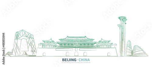 Beijing cityscape line drawing vector. sketch style china landmark illustration 