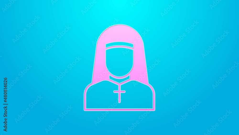 Pink line Nun icon isolated on blue background. Sister of mercy. 4K Video motion graphic animation Pink line Nun icon isolated on blue background. Sister of mercy. 4K Video motion graphic animation