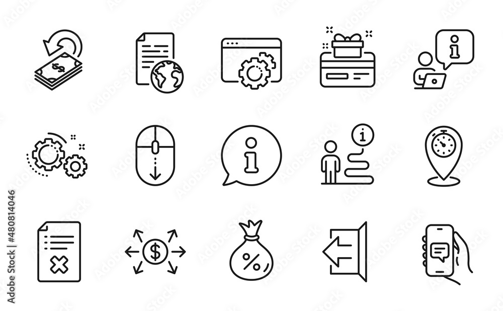 Fototapeta premium Technology icons set. Included icon as Seo gear, Reject file, Sign out signs. Internet document, Loyalty card, Dollar exchange symbols. Cashback, Timer, Chat app. Scroll down, Loan, Gears. Vector
