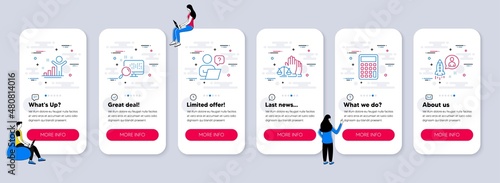 Set of Business icons, such as Winner, Search, Online question icons. UI phone app screens with teamwork. Court jury, Calculator, Startup line symbols. Best result, Find file, Remote work. Vector