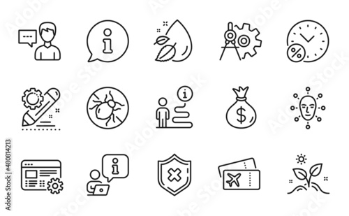 Business icons set. Included icon as Grow plant, Money bag, Face biometrics signs. Web settings, Cogwheel dividers, Loan percent symbols. Bed bugs, Project edit, Boarding pass. Water drop. Vector