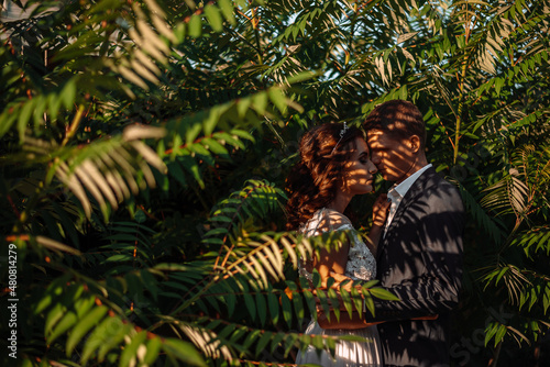 Fototapeta Naklejka Na Ścianę i Meble -  bride and groom, newlyweds, lovers are standing and hugging, kissing in the shade of trees in the bright sun, hard light draws shadows on the faces of men and women