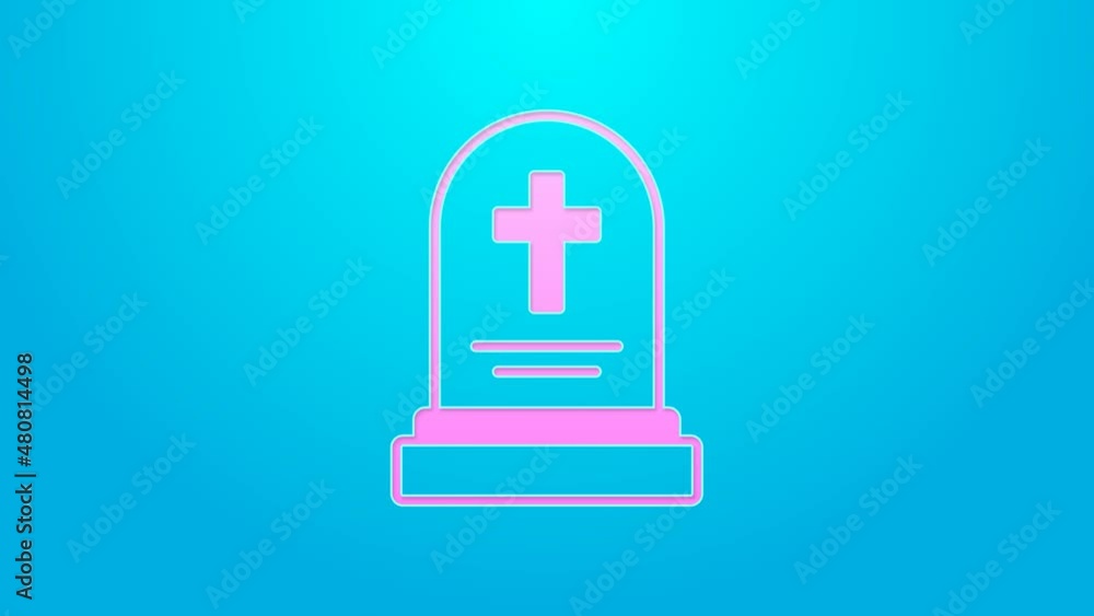 Pink line Grave with tombstone icon isolated on blue background. 4K Video motion graphic animation Pink line Grave with tombstone icon isolated on blue background. 4K Video motion graphic animation