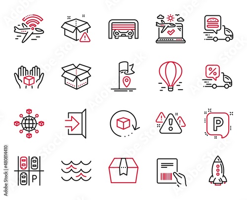 Vector Set of Transportation icons related to Parking, Parcel invoice and Airplane wifi icons. Return package, Warning and Waves signs. Flag, Airplane travel and Delivery warning. Rocket. Vector
