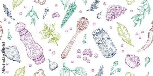 Pepper salt pattern. Vector food illustration. Sketch spice seamless background. Hand drawn garlic, pepper shaker, olive, bay leaf. Vintage kitchen cooking restaurant pattern. Herb isolated wallpaper