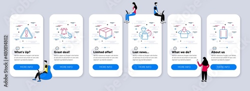 Transportation icons set. UI phone app screens with teamwork. Included icon as Get box, Delivery box, Delivery man signs. Warning, Baggage reclaim line icons. Vector