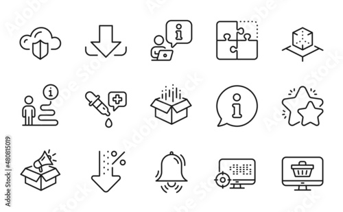 Technology icons set. Included icon as Puzzle, Clock bell, Seo signs. Low percent, Web shop, Download symbols. Open box, Star, Cloud protection. Augmented reality, Megaphone box. Vector