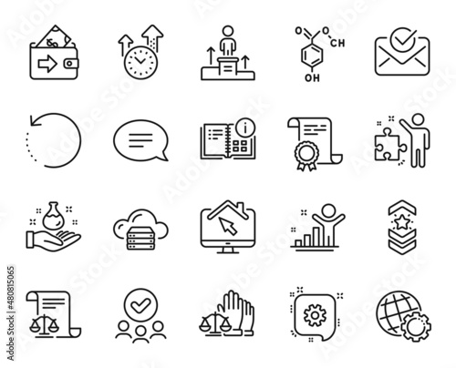 Vector set of Shoulder strap, Recovery data and Winner line icons set. Legal documents, Approved group and Cloud server icons. Chemical formula, Cogwheel and Time management signs. Vector